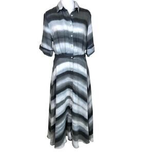 Officine Générale Nadia Linen Button Up Shirt Dress Grey Asymmetric Stripe MED